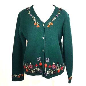 Wool Embroidered Cardigan Womens Medium Cottagecore Prairie Sweater Buttons